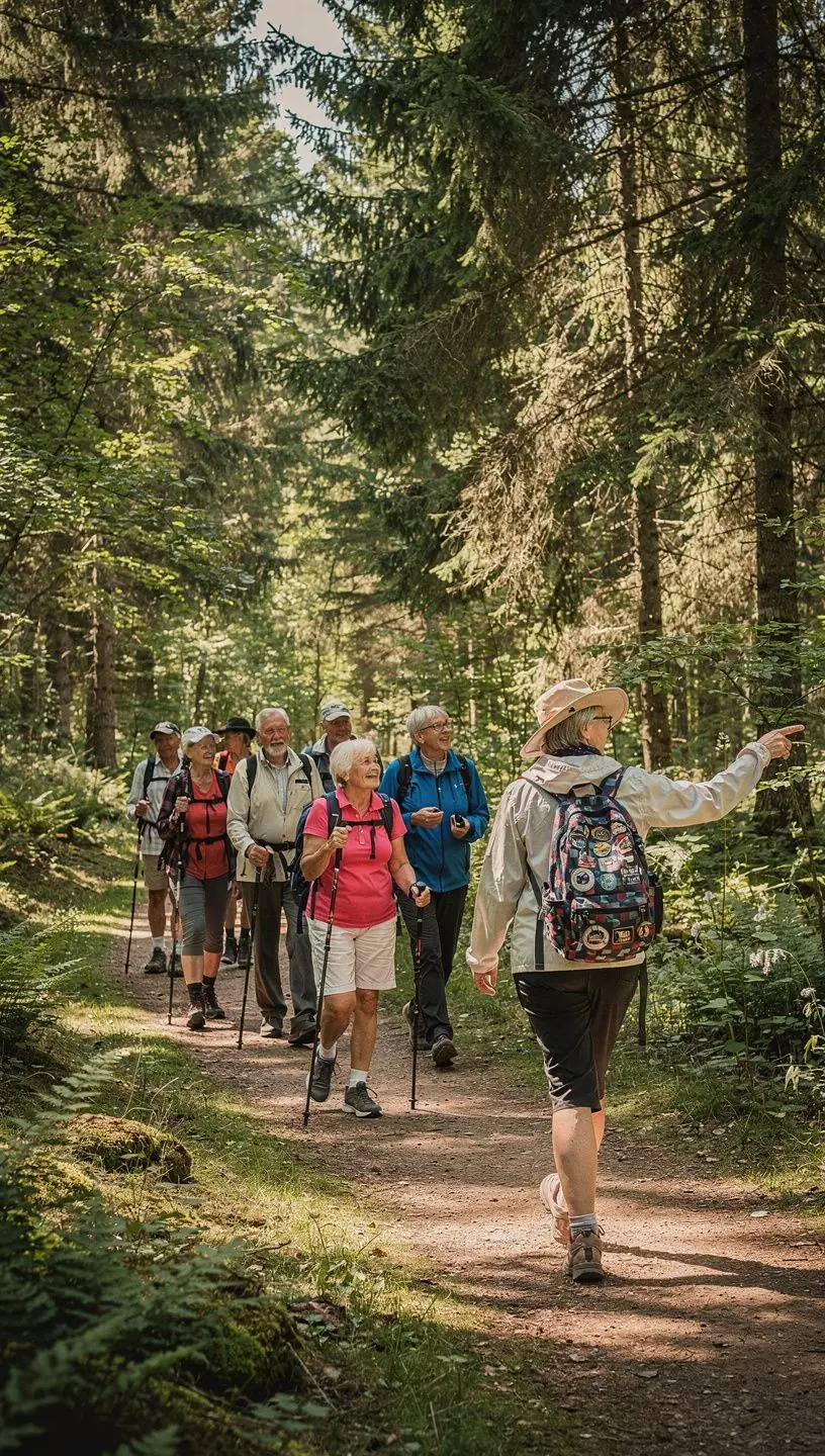 Treneris vada grupu vecāka gadagājuma cilvēku, demonstrējot vingrinājumus.