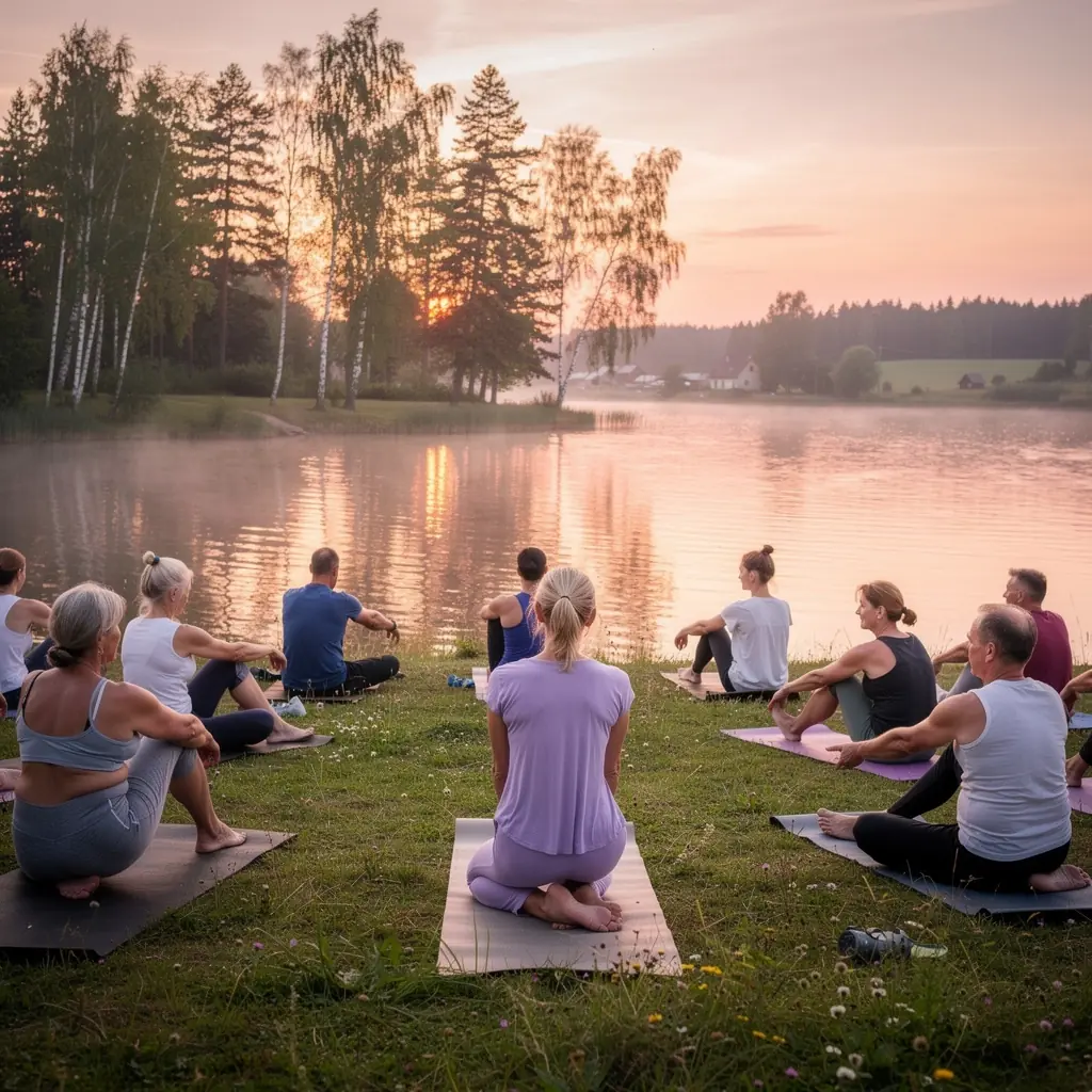 Persona, kas veic jogu parkā, baudot dabu un sauli.