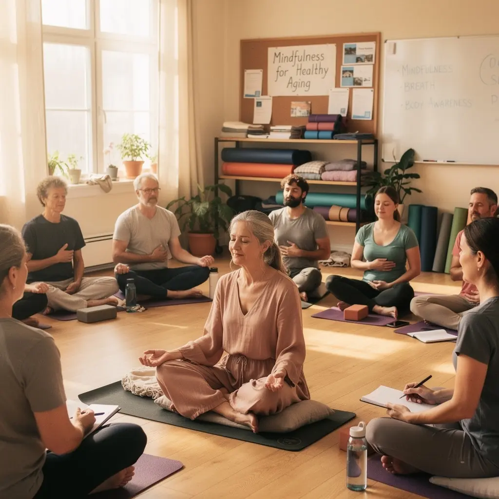 Seniori vingrošanas zālē, izmantojot pielāgotus treniņu rīkus.