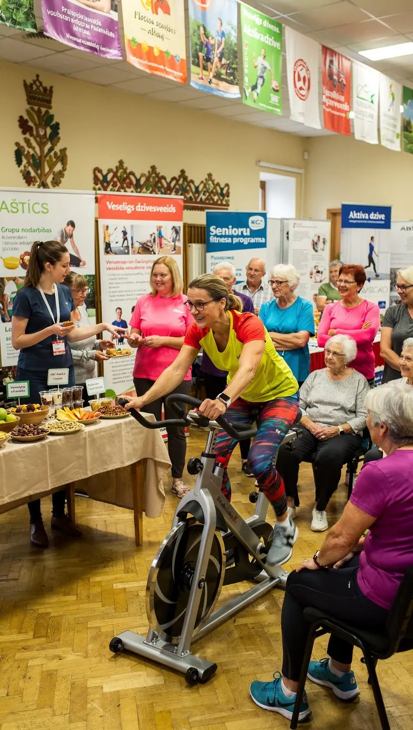 Aktīvi cilvēki vingro pie datora, sekojot tiešsaistes treniņam.